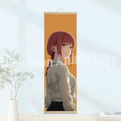 Orange chainsaw man wooden-framed scroll poster featuring an anime girl with reddish-brown hair and golden eyes