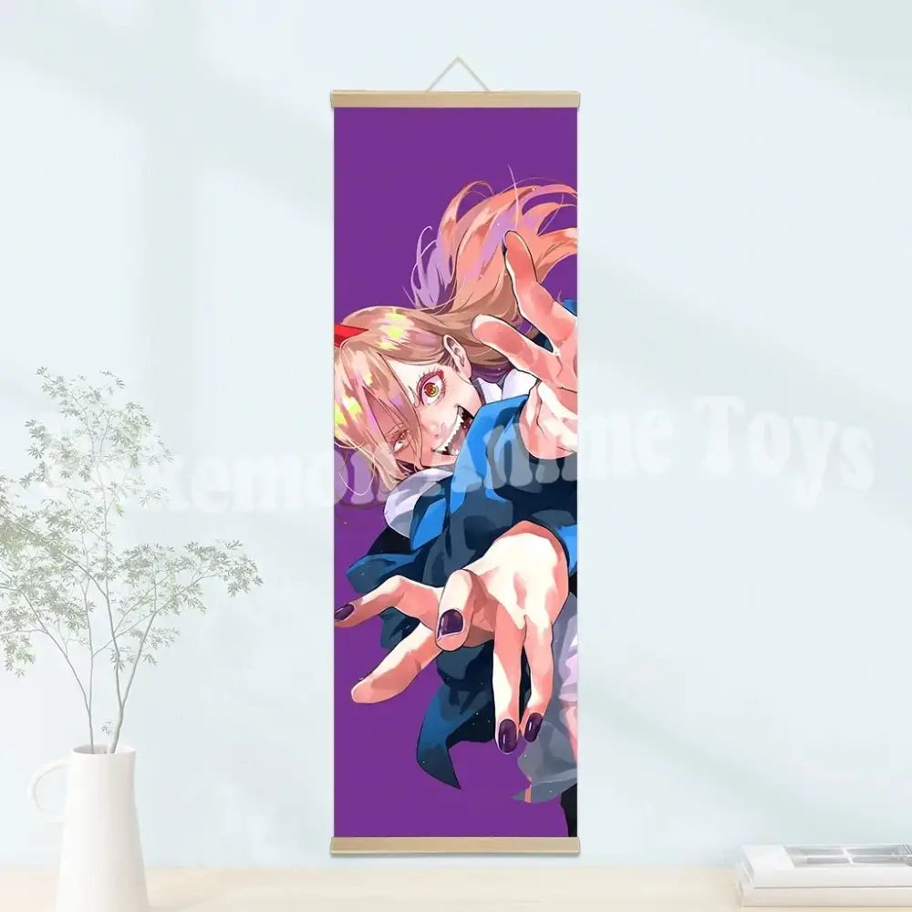 Purple chainsaw man wooden-framed scroll poster featuring blonde character with red eyes in a blue outfit