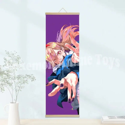 Purple chainsaw man wooden-framed scroll poster featuring blonde character with red eyes in a blue outfit