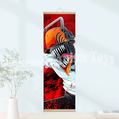 Vibrant red and orange chainsaw man wooden-framed scroll poster featuring denji with a chainsaw in a wooden frame