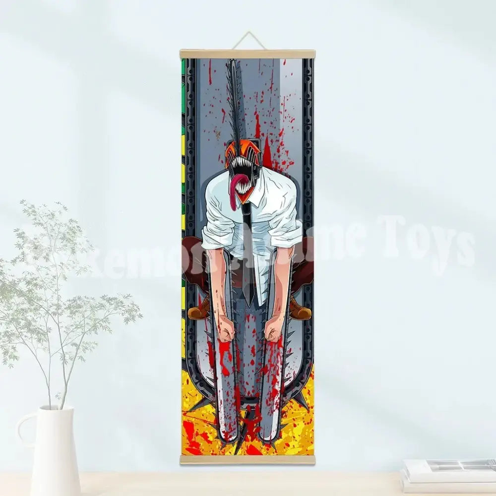 Chainsaw man denji wooden-framed scroll poster on waterproof canvas with orange helmet and red splatter background