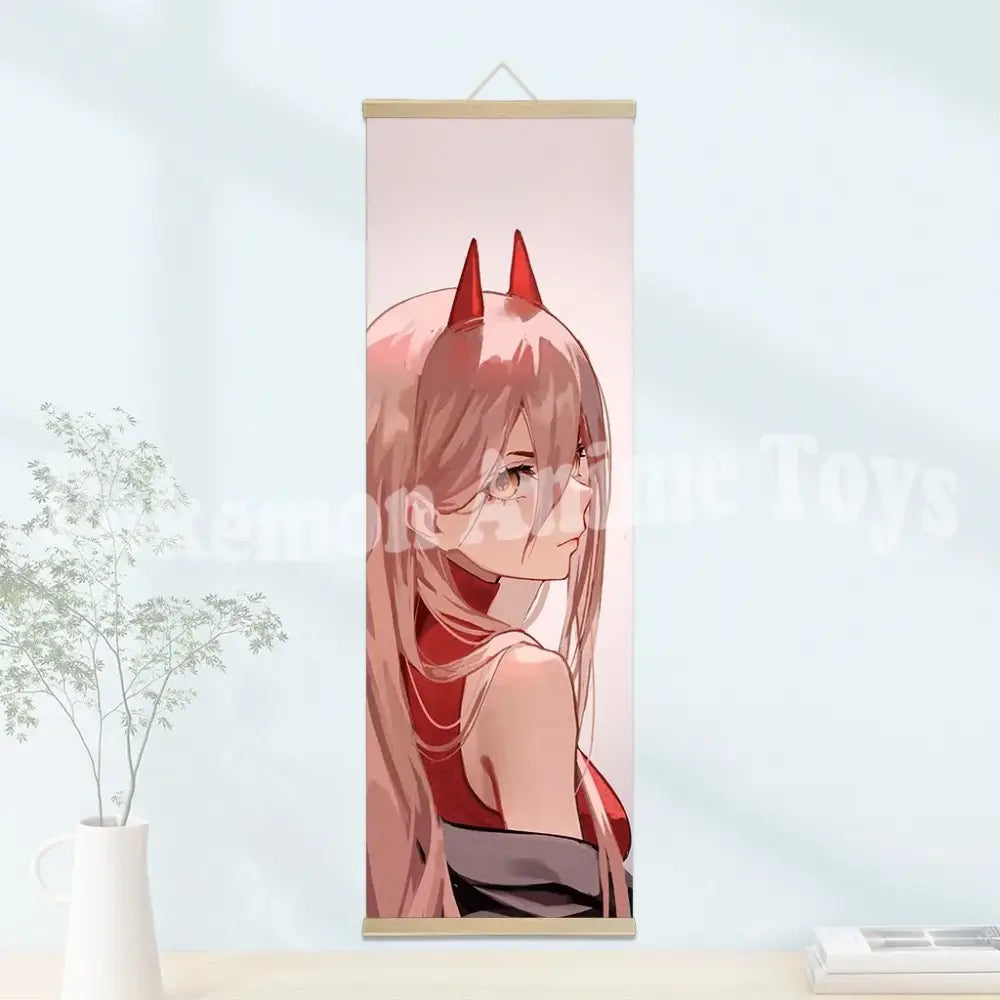 Chainsaw man denji wooden-framed scroll poster featuring an anime girl with pink hair on pastel fabric in wooden frame