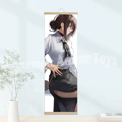 Chainsaw man denji scroll poster featuring a character with dark hair in a bun in a wooden frame wall hanging