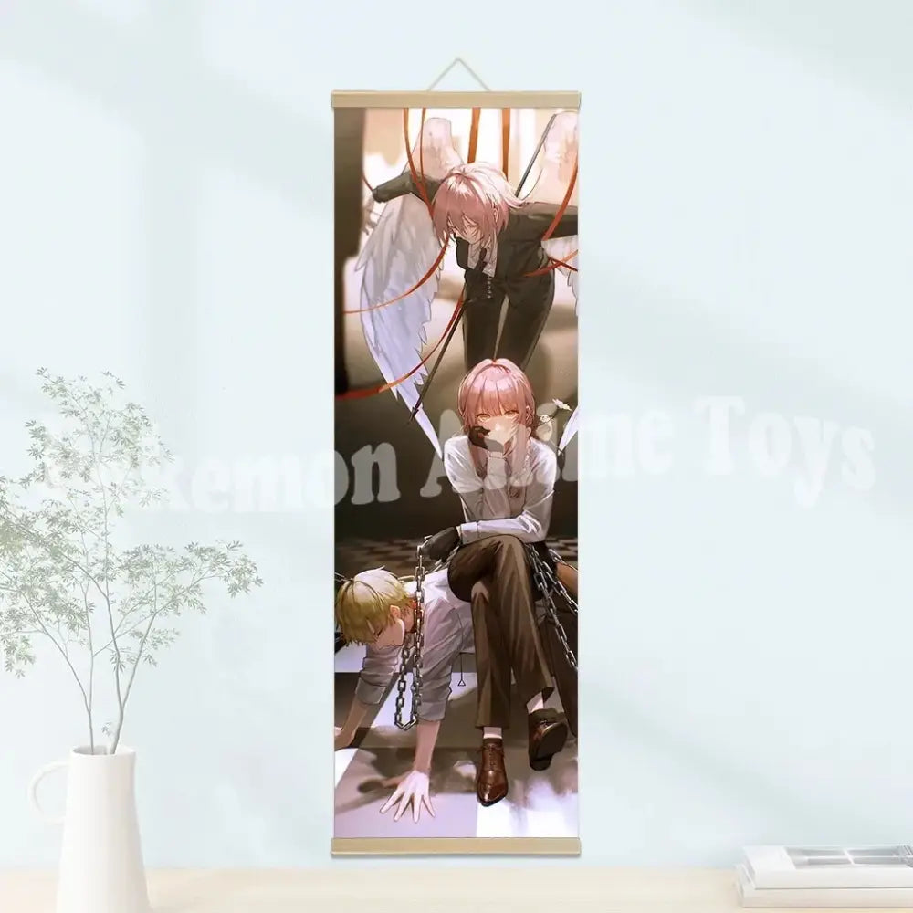 Vertical chainsaw man wooden-framed scroll poster with pink and blonde anime characters on waterproof canvas