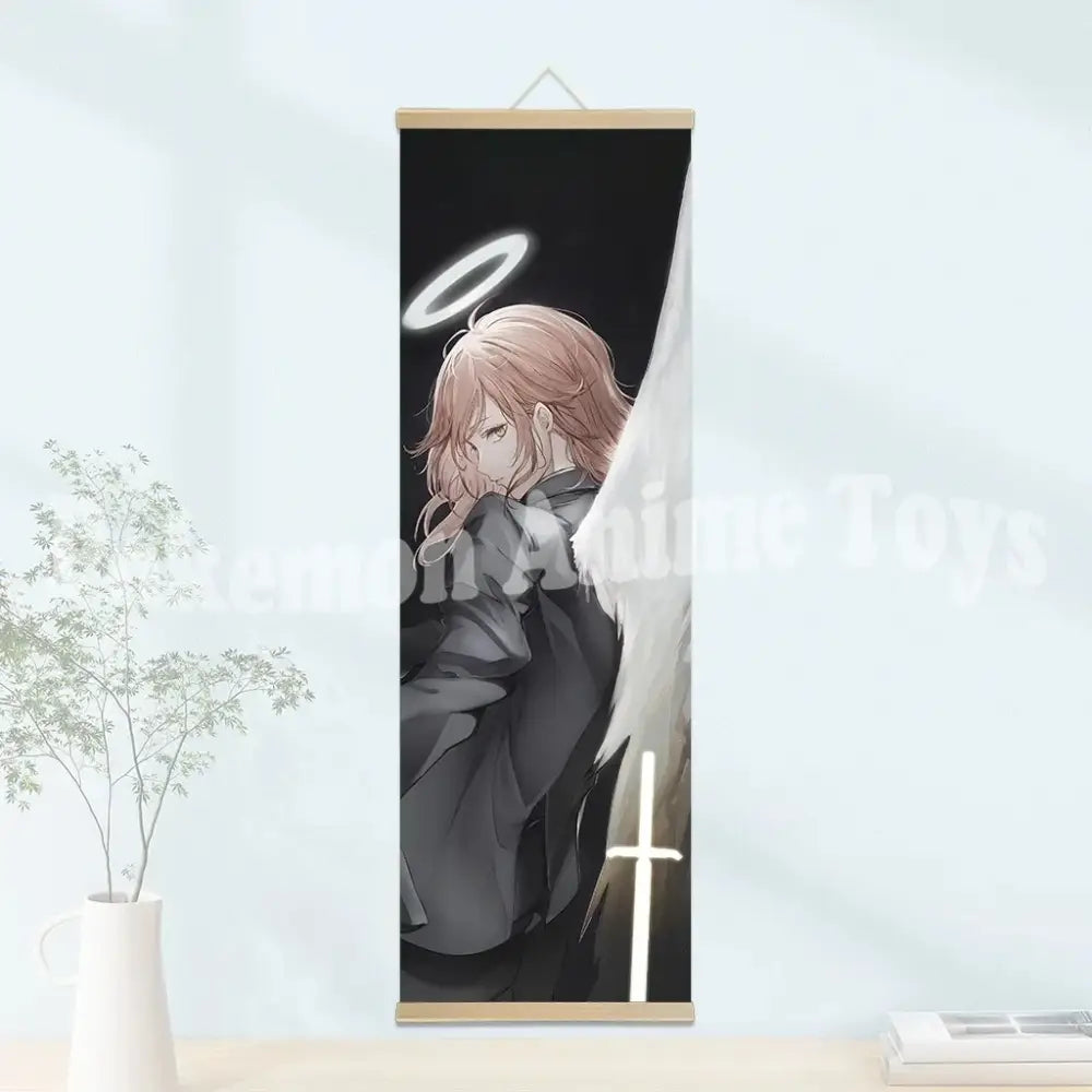Black and white chainsaw man anime-style angel scroll poster with wooden frame for wall hanging decoration