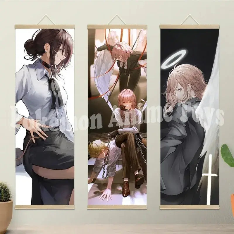 Chainsaw man wooden-framed scroll set featuring three vertical anime art posters in black and white with subtle color accents