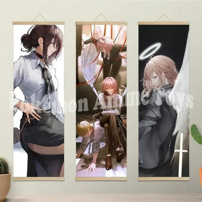 Chainsaw man wooden-framed scroll set featuring three vertical anime art posters in black and white with subtle color accents