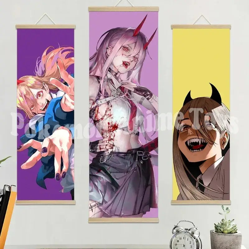 Chainsaw man wooden-framed scroll poster set with three anime characters on waterproof canvas in purple pink and yellow backgrounds