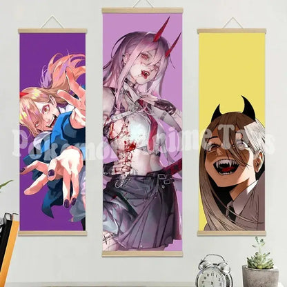 Chainsaw man wooden-framed scroll poster set with three anime characters on waterproof canvas in purple pink and yellow backgrounds