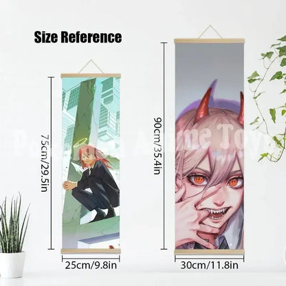 Two anime-themed chainsaw man wooden-framed scrolls featuring red-haired angel and pink-haired devil characters in wooden frame