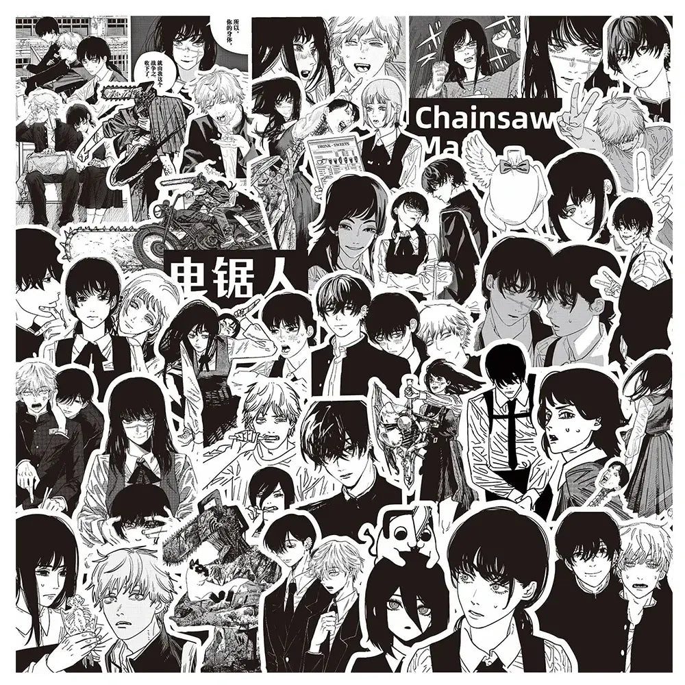 Black-and-white chainsaw man Denji sticker decals sheet made of waterproof vinyl featuring anime characters