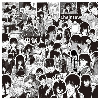 Black-and-white chainsaw man Denji sticker decals sheet made of waterproof vinyl featuring anime characters