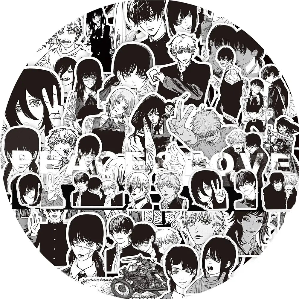 Black-and-white anime sticker decals of chainsaw man denji with various expressions in a circular vinyl collage