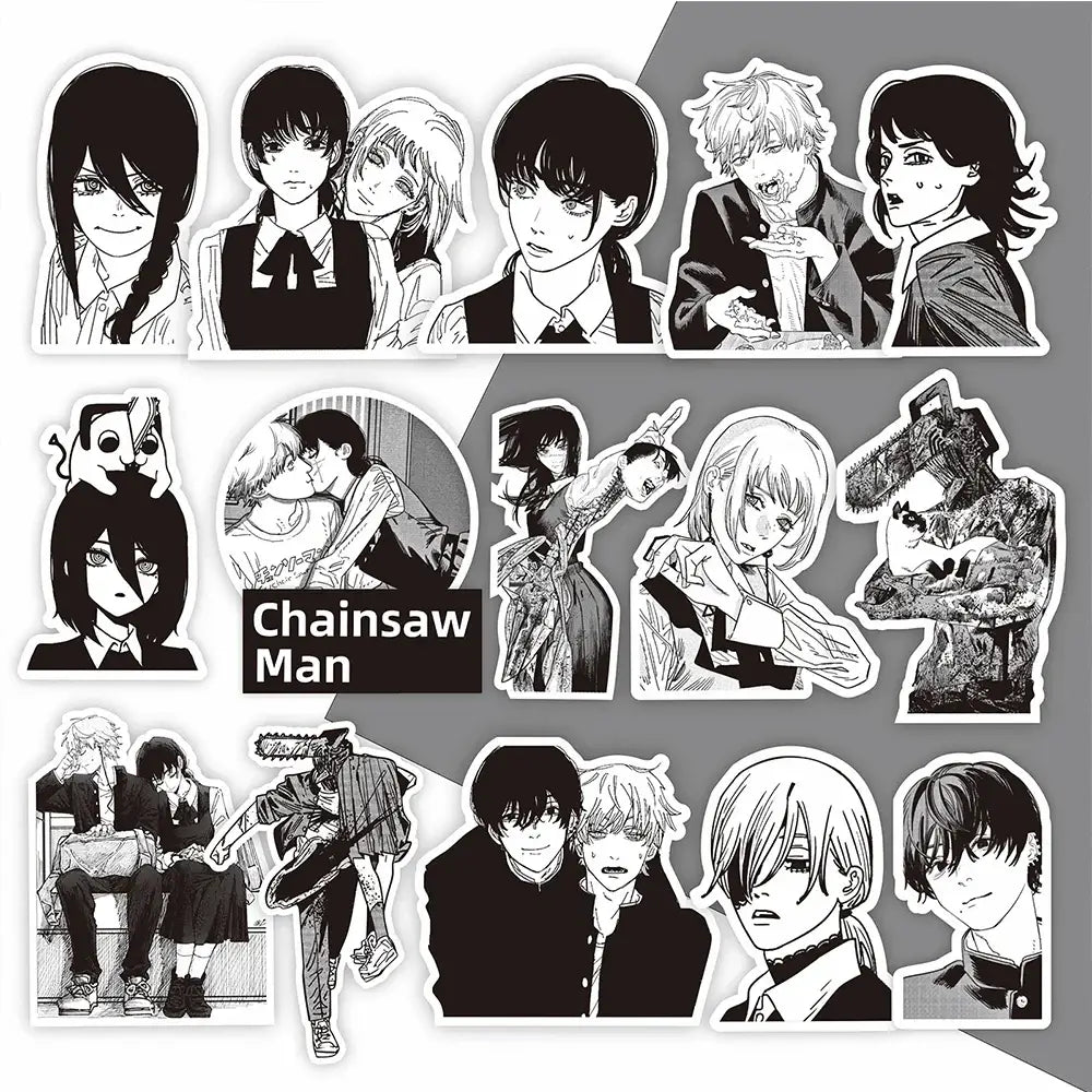 Black and white chainsaw man anime character stickers featuring various poses on waterproof vinyl decals