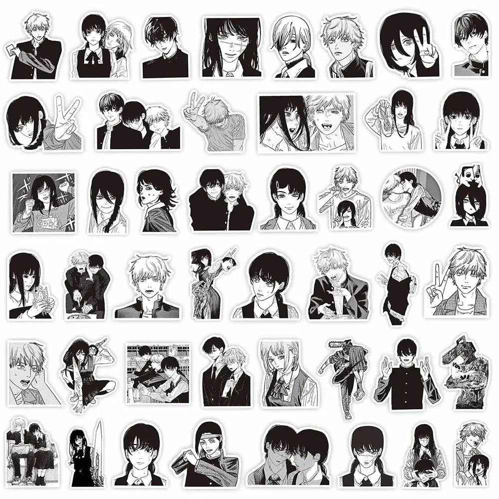 Black-and-white anime character sticker decals from chainsaw man featuring various expressions on waterproof vinyl
