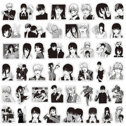 Black-and-white anime character sticker decals from chainsaw man featuring various expressions on waterproof vinyl
