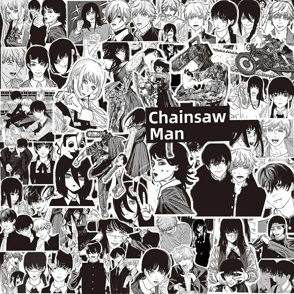 Black and white chainsaw man sticker pack featuring a manga decal collage of characters and scenes from the anime