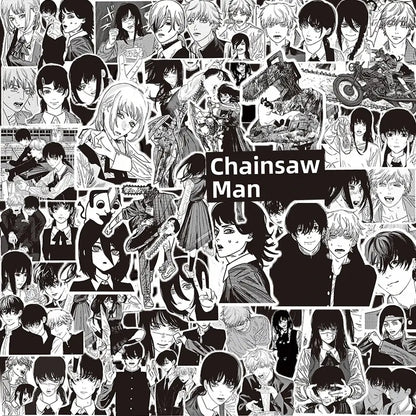 Black and white chainsaw man sticker pack featuring a manga decal collage of characters and scenes from the anime