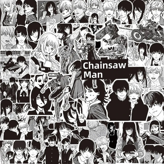 Black and white chainsaw man sticker pack featuring a manga decal collage of characters and scenes from the anime