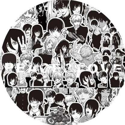 Black and white chainsaw man denji anime character stickers with various expressions in a circular collage