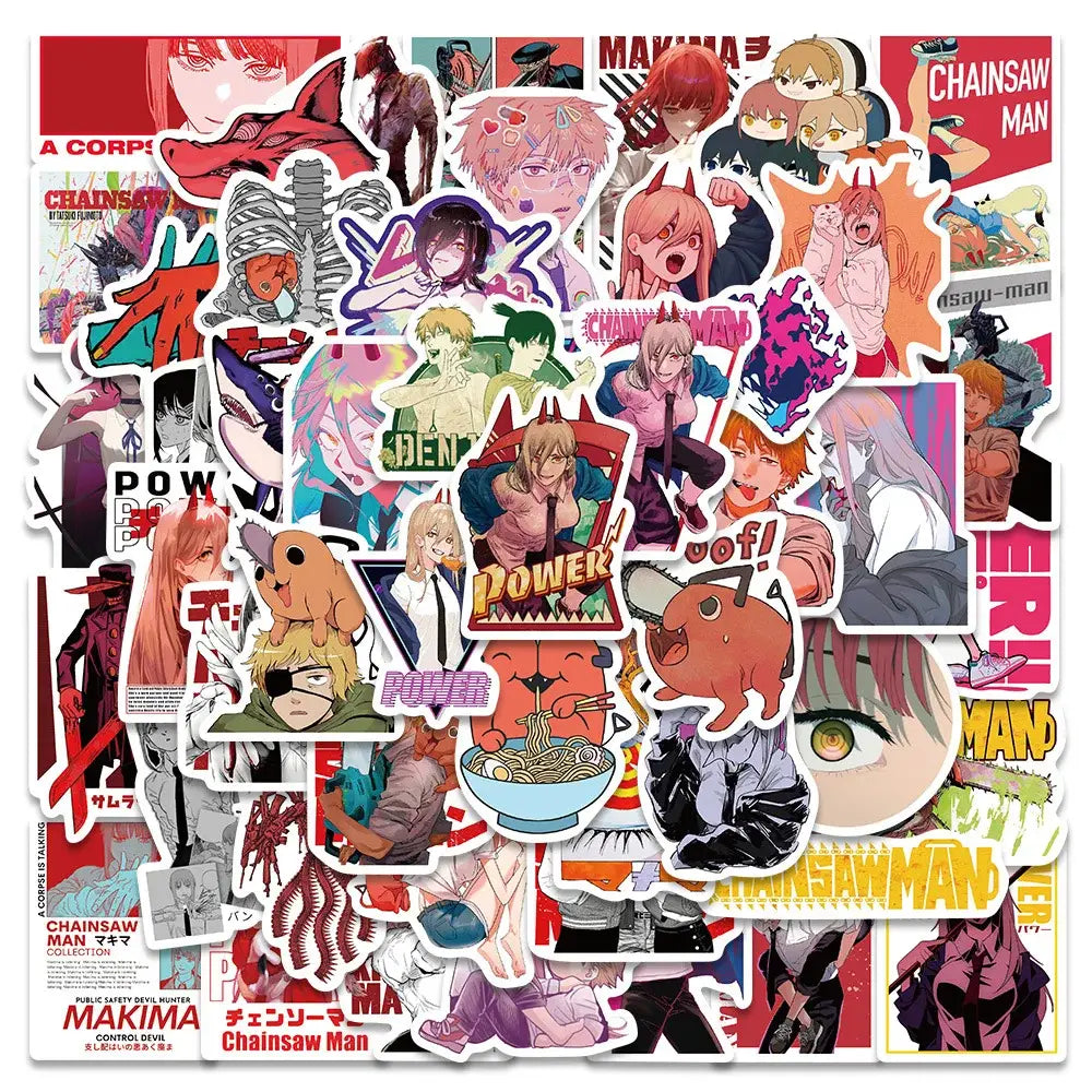 Chainsaw man denji sticker pack featuring vibrant vinyl anime decals with colorful manga art designs