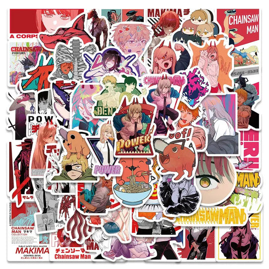 Chainsaw man denji sticker pack featuring vibrant vinyl anime decals with colorful manga art designs