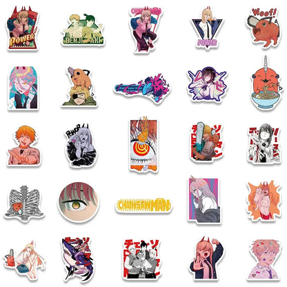 A vibrant collection of colorful die-cut vinyl chainsaw man stickers featuring characters and motifs in various colors