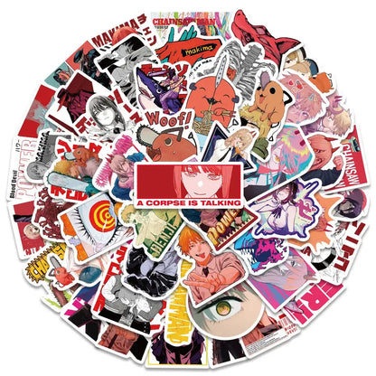 A vibrant chainsaw man denji sticker pack featuring colorful vinyl anime decals from popular series designs