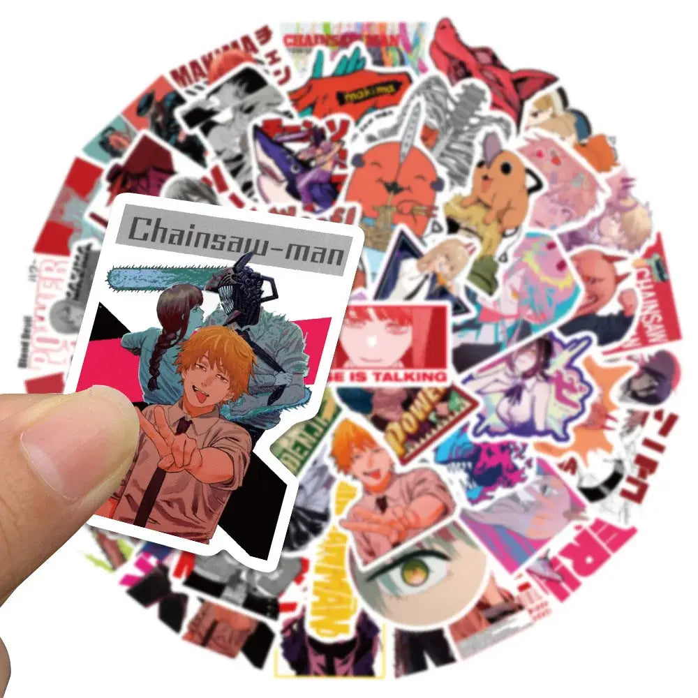 A vibrant colorful vinyl decal sticker of chainsaw man denji with a chainsaw blade and bold black text on white background