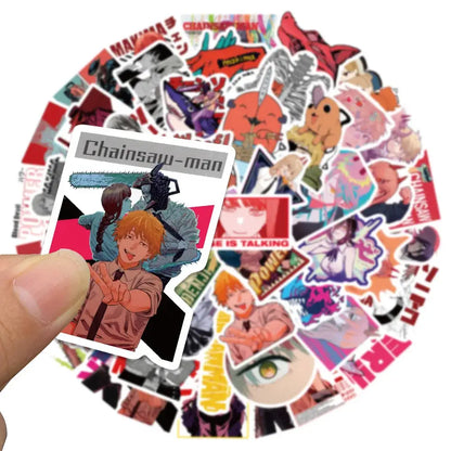 A vibrant colorful vinyl decal sticker of chainsaw man denji with a chainsaw blade and bold black text on white background