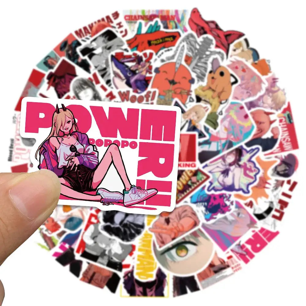A vibrant pink and white chainsaw man vinyl decal sticker featuring an anime girl with blonde hair in a purple jacket
