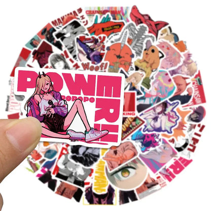 A vibrant pink and white chainsaw man vinyl decal sticker featuring an anime girl with blonde hair in a purple jacket