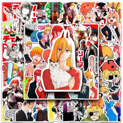 Chainsaw man denji sticker set featuring vibrant vinyl decals with bold colors from popular anime series like tokyo ghoul