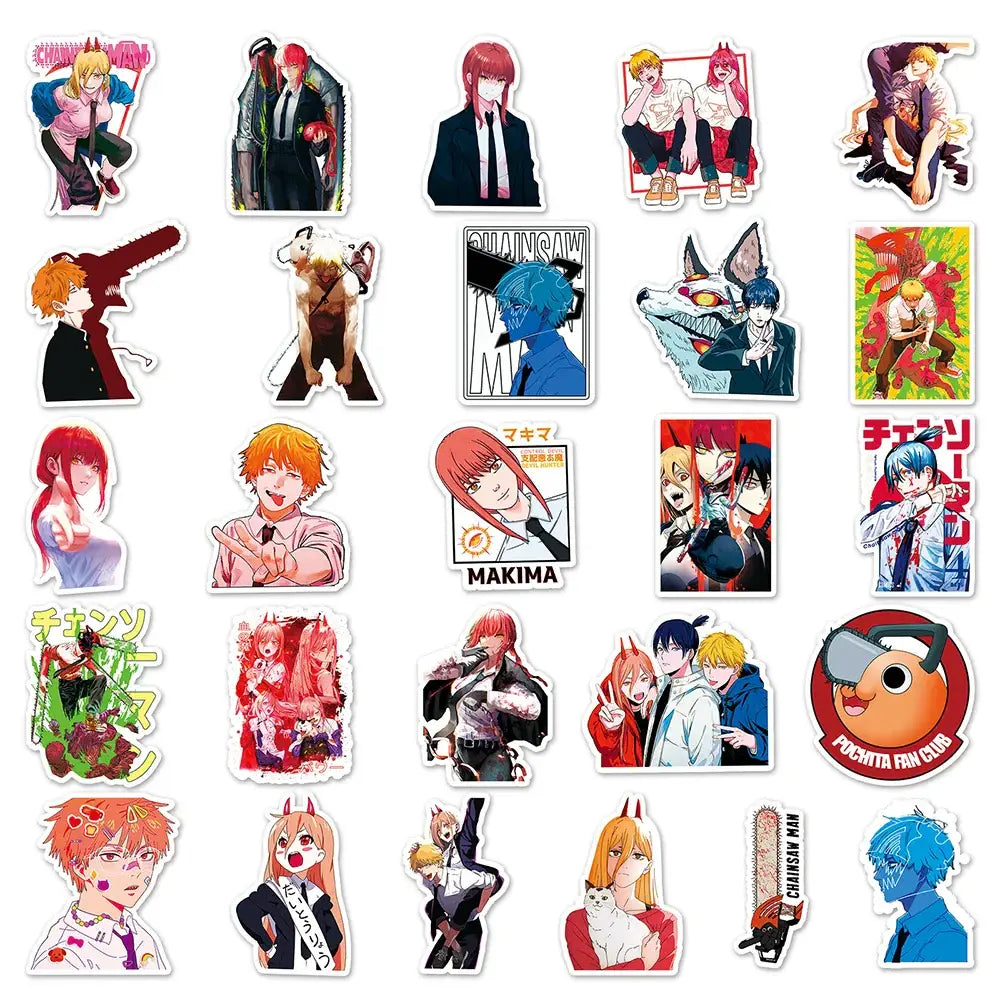 Chainsaw man sticker set featuring colorful vinyl decals of popular anime characters from series like tokyo ghoul and chainsaw man
