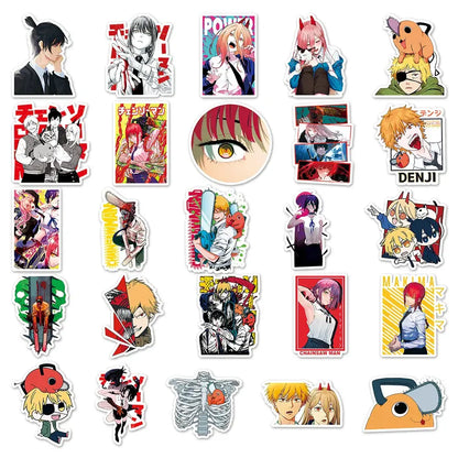 A colorful vinyl chainsaw man sticker set featuring anime characters from demon slayer and my hero academia