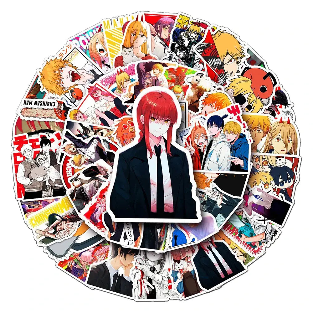 Chainsaw man sticker set featuring a red-haired character vinyl decals in 10 30 or 51pcs with vibrant anime designs