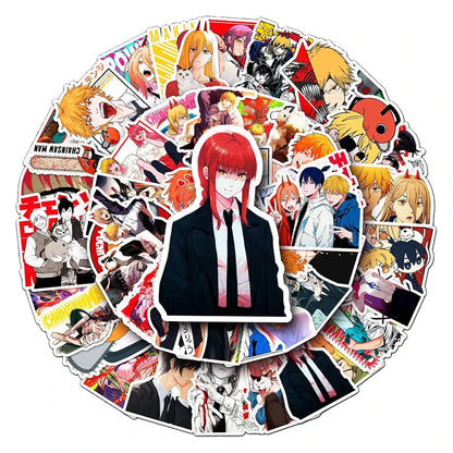 Chainsaw man sticker set featuring a red-haired character vinyl decals in 10 30 or 51pcs with vibrant anime designs