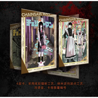Chainsaw man denji trading card booster box featuring vibrant art cards on premium 4-layer cardstock with gold accents