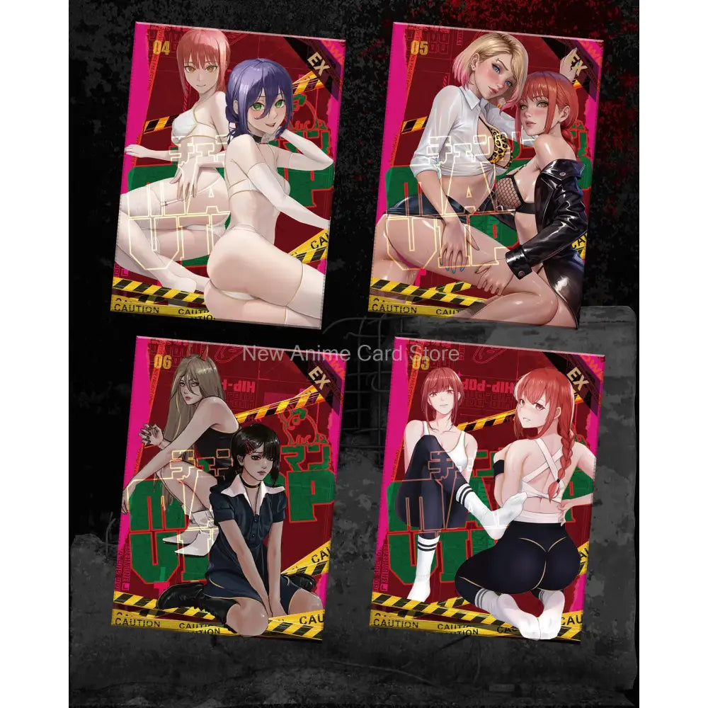 Four anime-themed chainsaw man trading cards with vibrant pink and red caution tape background from booster box