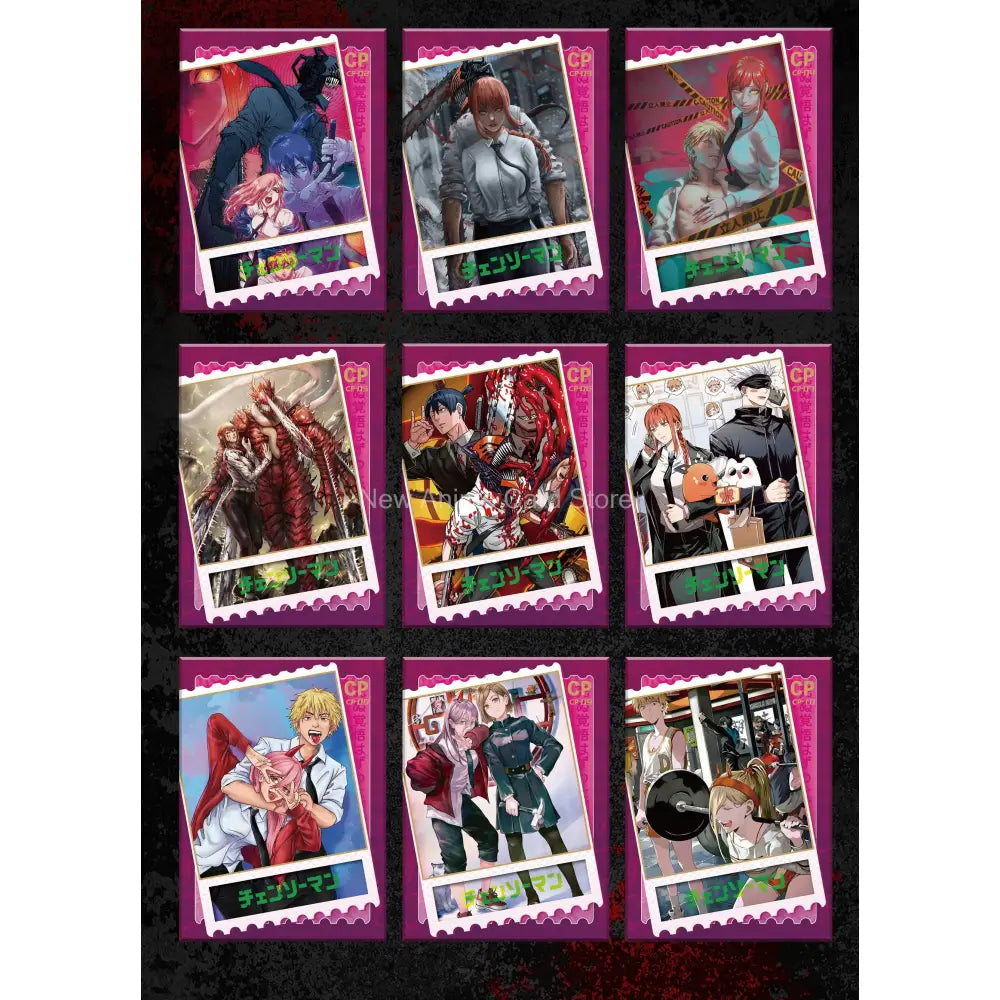 Nine vibrant chainsaw man trading cards with white borders on purple background from rare booster box set