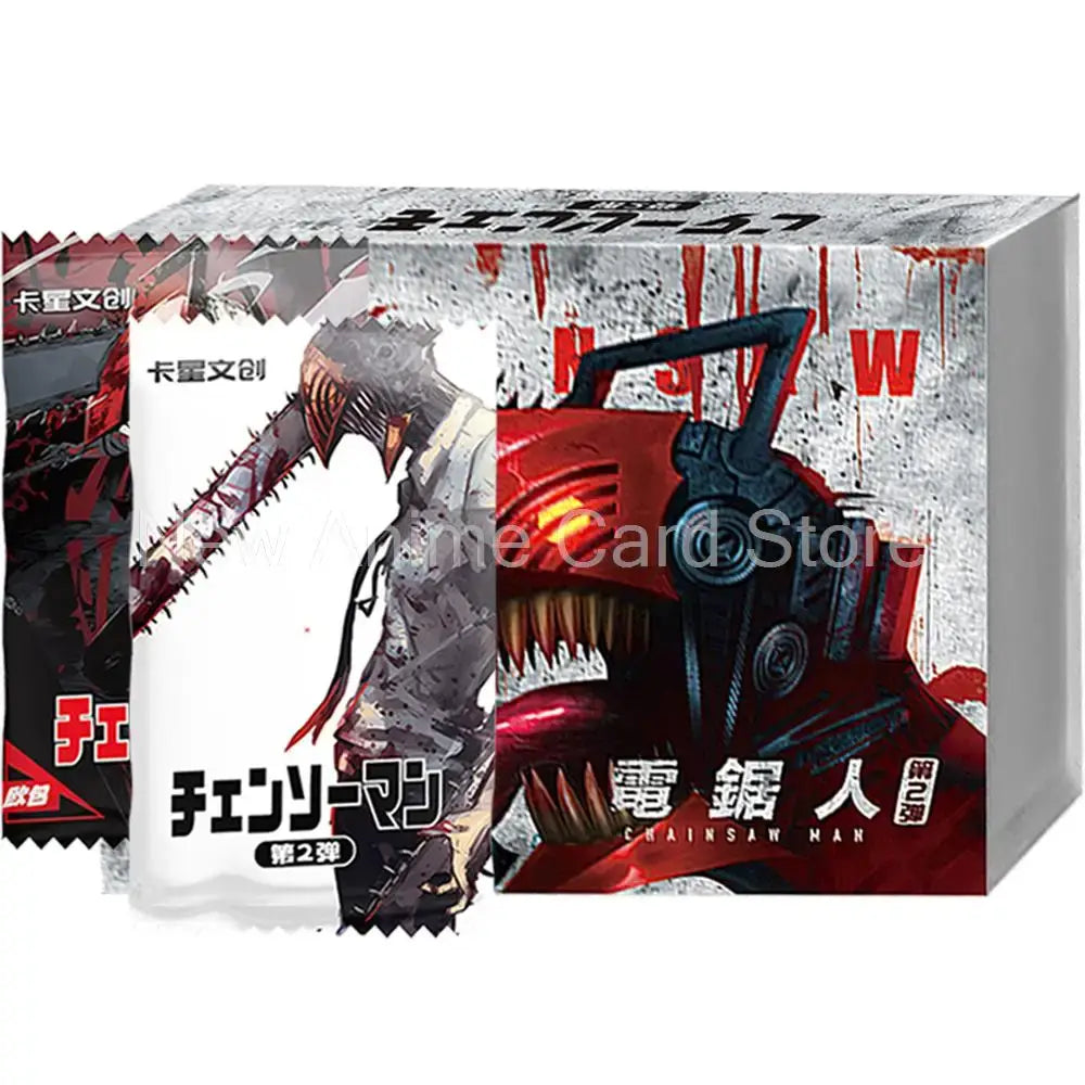 Red and black chainsaw man denji trading card booster box with stylized chainsaw man illustration for rare tcg use