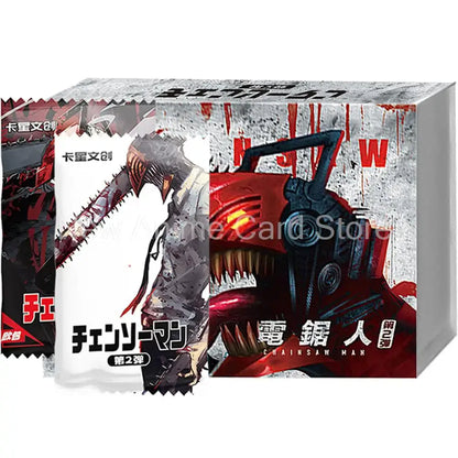 Red and black chainsaw man denji trading card booster box with stylized chainsaw man illustration for rare tcg use