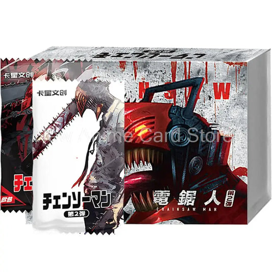 Red and black chainsaw man denji trading card booster box with stylized chainsaw man illustration for rare tcg use