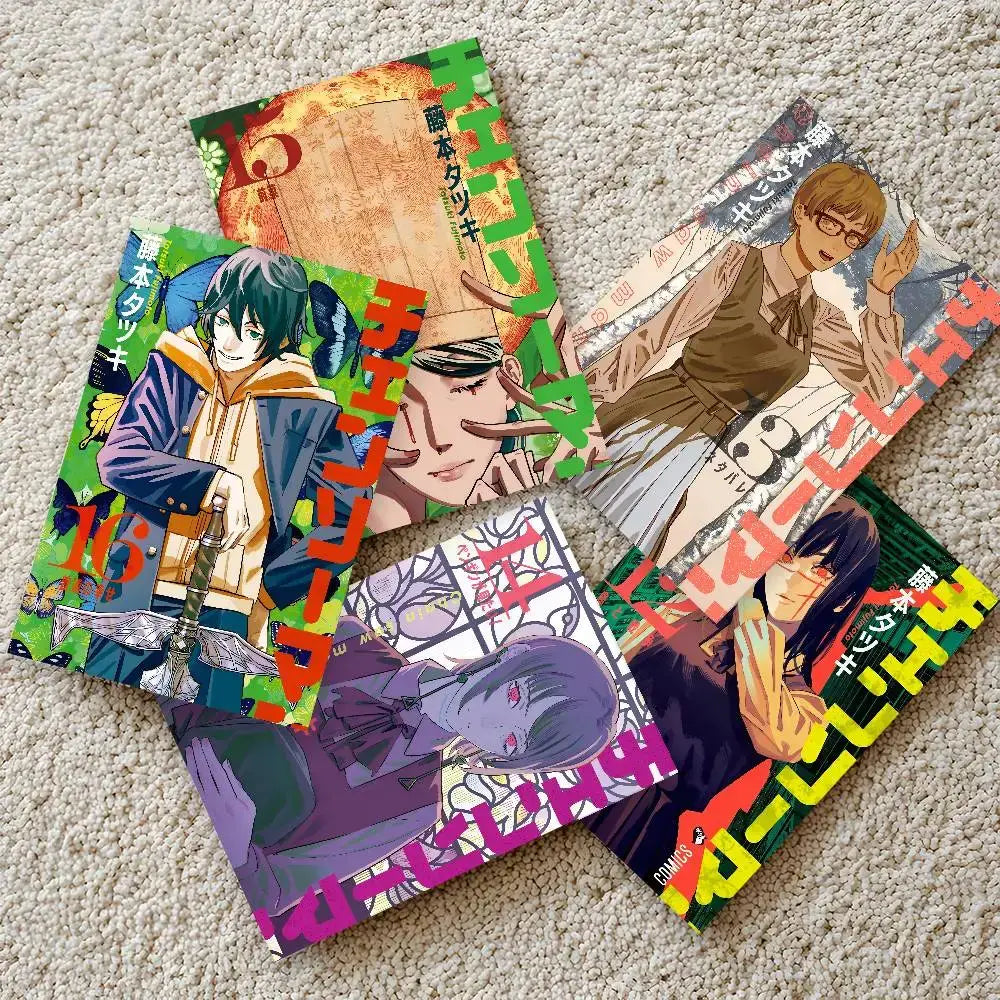 Chainsaw man denji wall mural featuring colorful manga volumes with vibrant anime artwork on a waterproof sticker