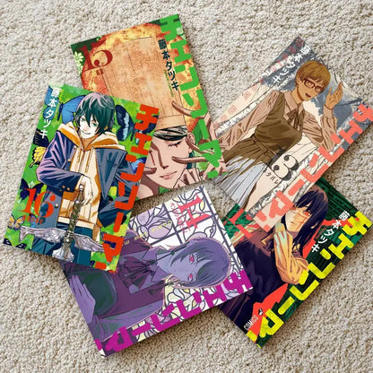 Chainsaw man denji wall mural featuring colorful manga volumes with vibrant anime artwork on a waterproof sticker