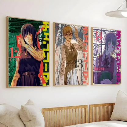 Three framed chainsaw man anime manga posters with vibrant colors featured in a waterproof self-adhesive wall mural