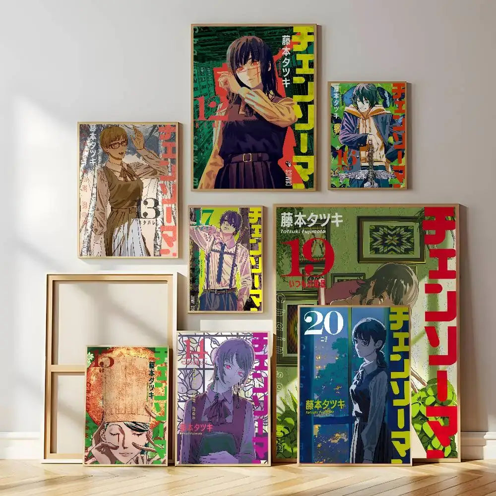 A vibrant chainsaw man wall mural featuring framed anime posters of denji in various sizes and waterproof self-adhesive sticker material
