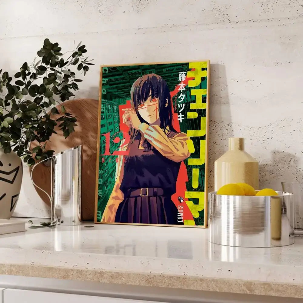 Vibrant chainsaw man wall mural featuring dark hair character with red eyes on waterproof self-adhesive sticker