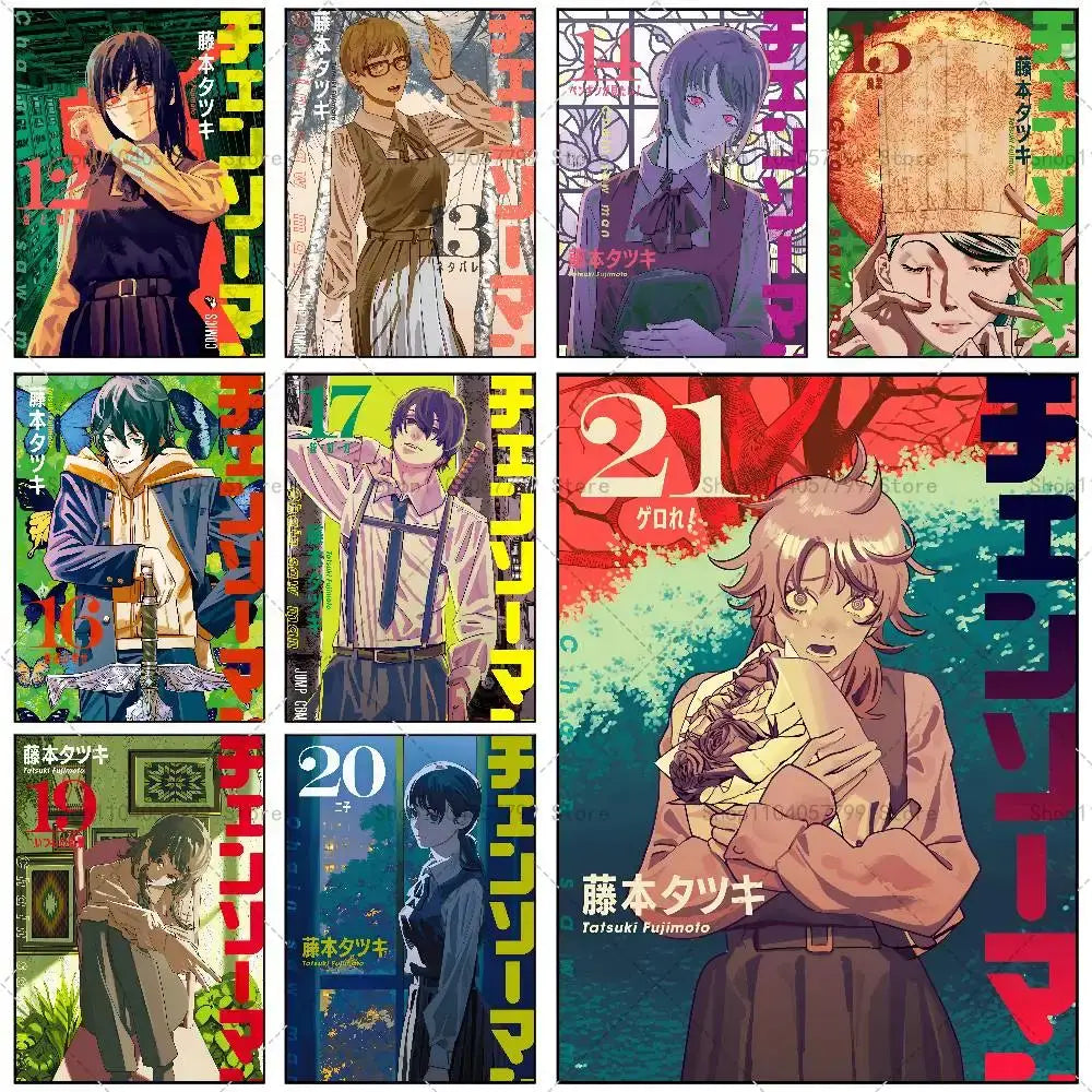 Chainsaw man denji wall mural featuring vibrant manga covers as a waterproof self-adhesive sticker
