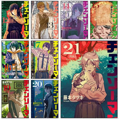 Chainsaw man denji wall mural featuring vibrant manga covers as a waterproof self-adhesive sticker
